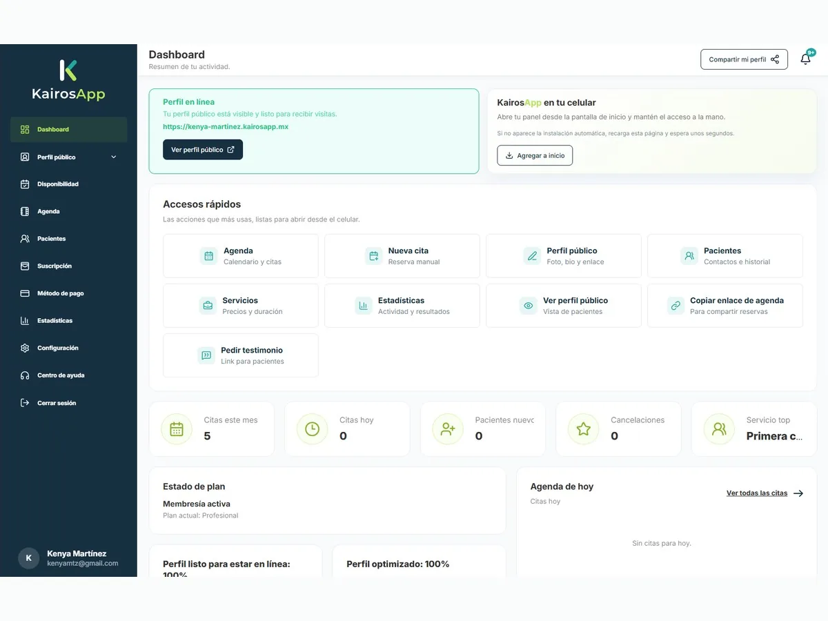 Dashboard para profesionales de KairosApp